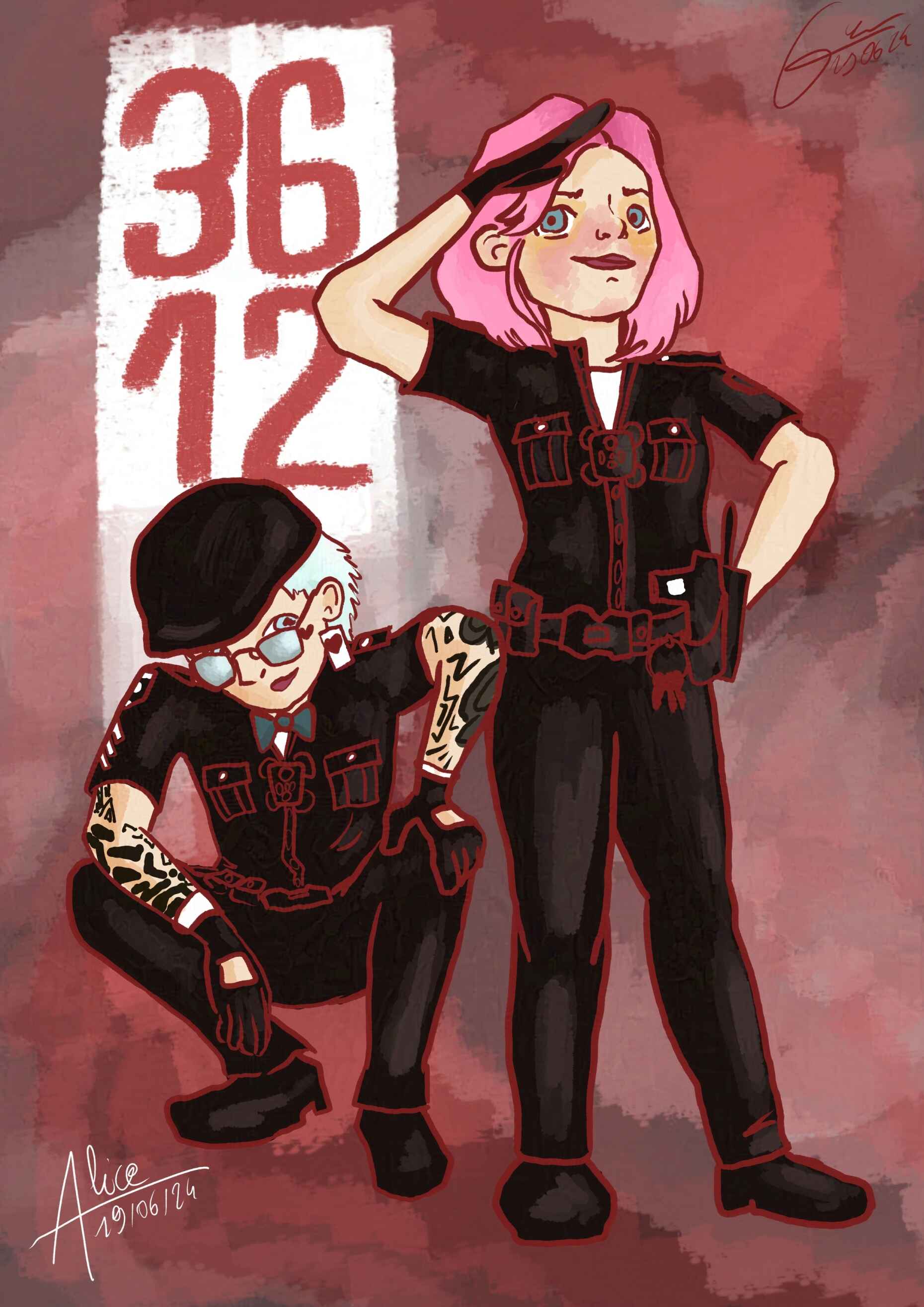 Illustration numérique de deux policiers fictifs, une aux cheveux rose, Alice Clover et un aux cheveux blancs, Ori White. Tous les deux ils forment le duo 3612.