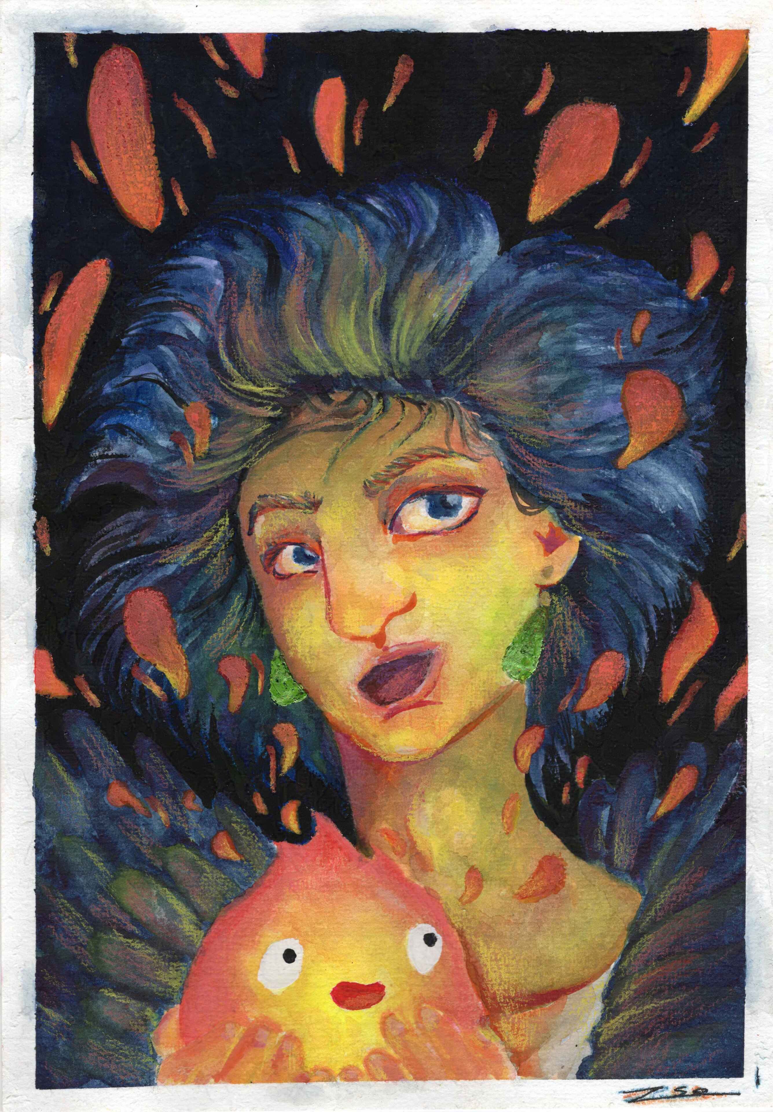 Portrait de Hauru du film d’animation “Le château ambulant” du studio Ghibli. Il a des ailes sombres comme ses cheveux qui volent en arrière. Il tient dans ses mains Calcifer qui l’illumine et fait voler des bouts de flamme.