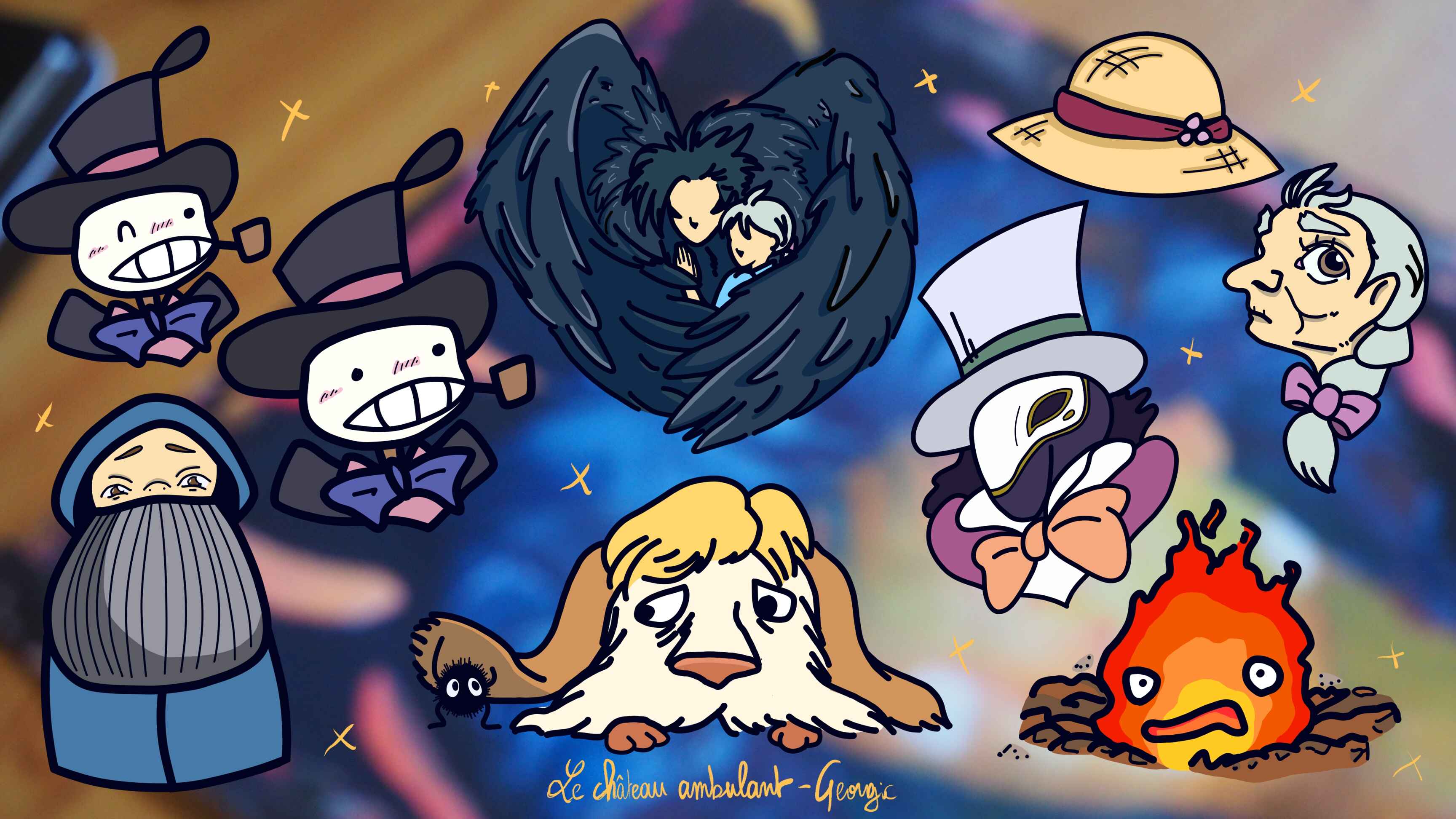 Planche de stickers : Navet, Marco, Sophie et Hauru dans sa forme aviaire, Hin le chien, le chapeau de Sophie, Sophie dans sa forme âgée, Calcifer et un des blob men