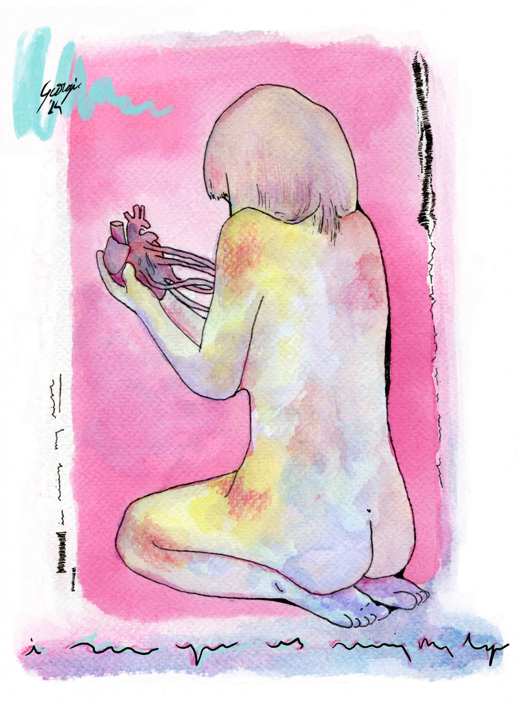 Peinture à l'aquarelle d'une femme nue, de trois-quarts dos, tenant son cœur encore relié à son corps dans les mains. Il y a du texte illisible en bas de la peinture.