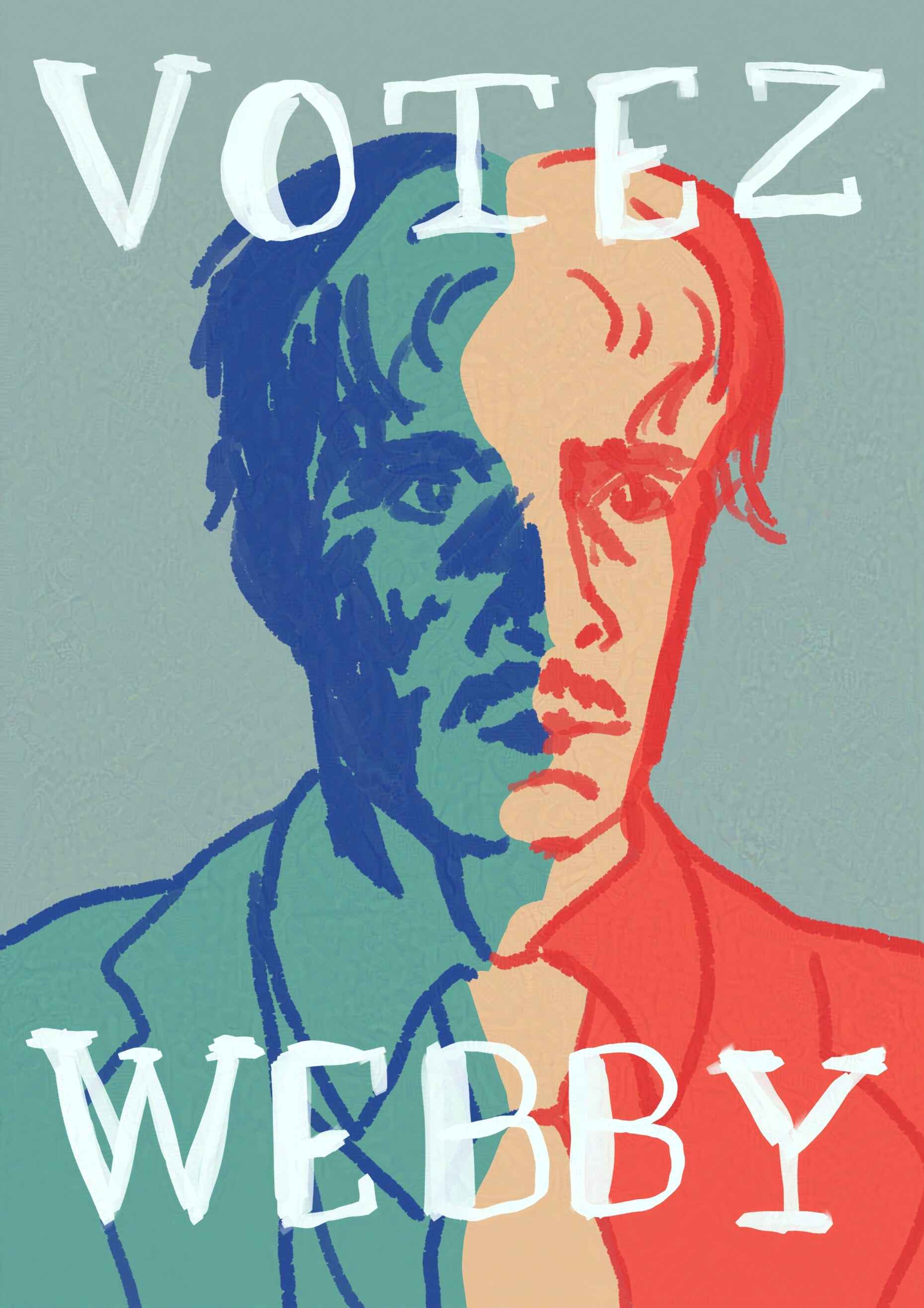 Affiche de campagne politique de la silhouette du visage de Weber en tricolore bleu crème rouge et avec le slogan "VOTEZ WEBBY”